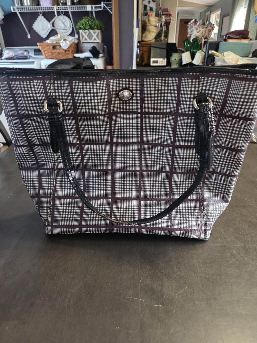 Rare Coach Sample Peyton Glen Plaid Jordan Tote Bag Black Burgundy F33320